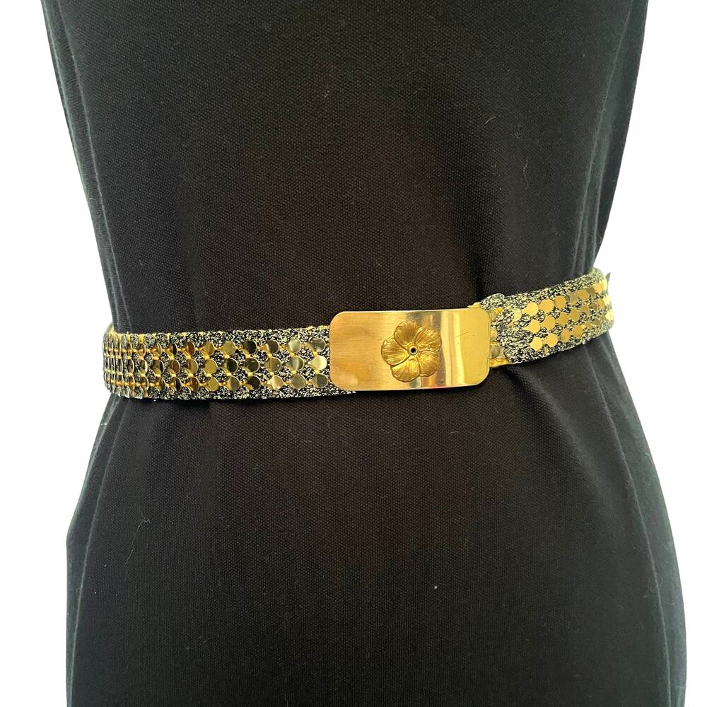 Vtg Gold Stretch Disc Belt Glitter 1980 Glam Retro Disco Floral Sequins Shiny